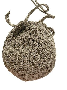 Sorpresa NWT NY Crochet Bucket Bag Taupe Drawstring Shoulder Purse Boho Lined